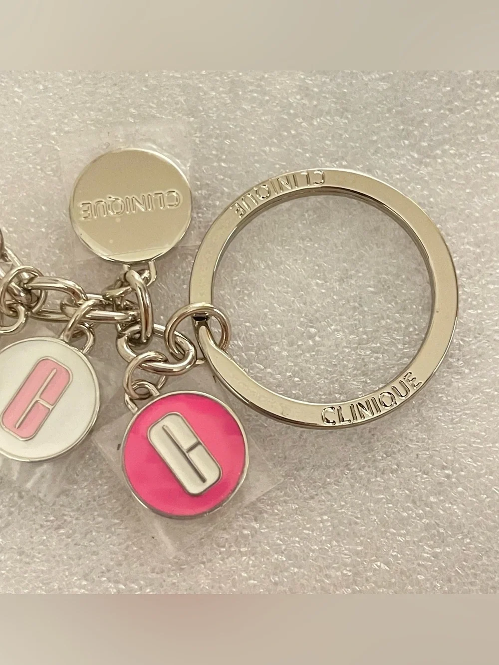 Clinique Key Chain Ring Breast Cancer Awareness Charms Pink Ribbon Silver Tone